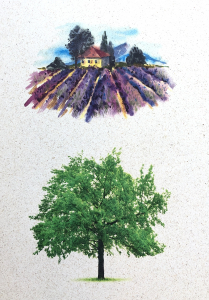 Druckbeispiel auf Graspapier Lavendelfeld und Baum