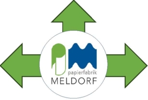 Logo Papierfabrik Meldorf mit Pfeilen